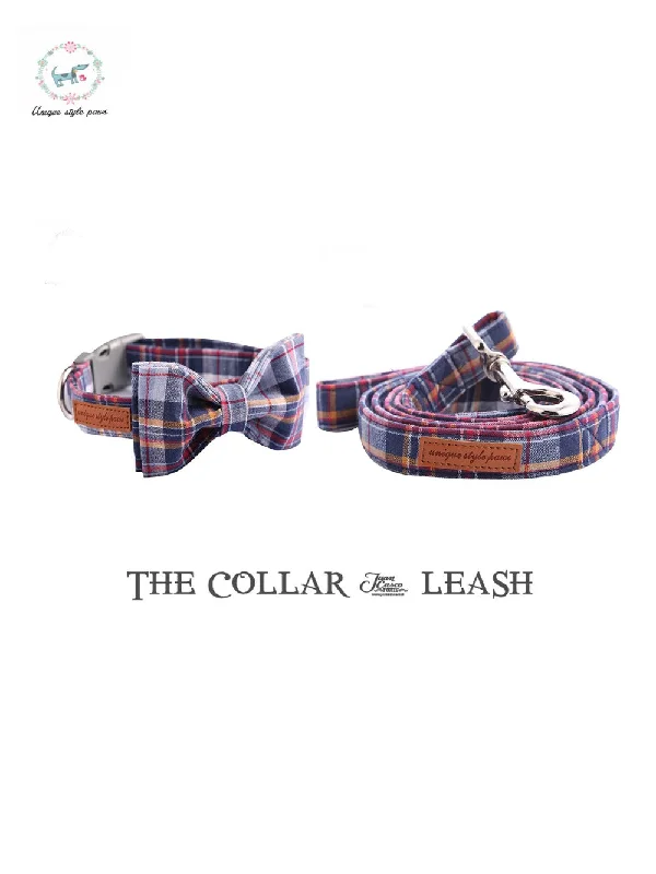 Blue Plaid Dog Collar with Bow Tie Plastic Buckle Dog