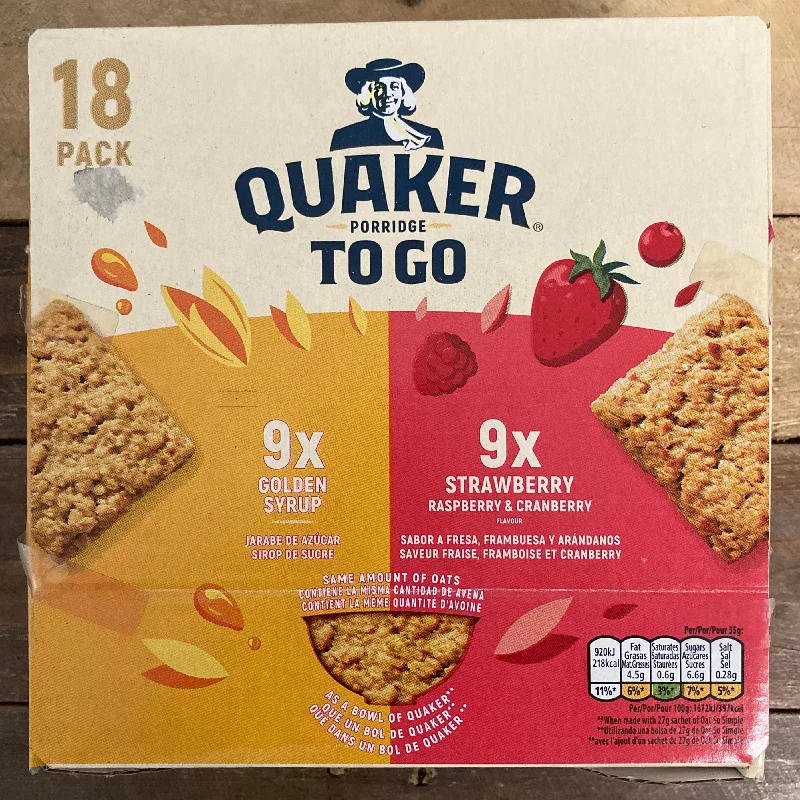 18x Quaker Porridge To Go Golden Syrup & Mixed Berries Breakfast Bars (18x55g)