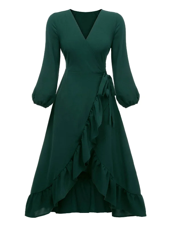 Green 1950s Lantern Sleeve Wrap V-Neck Dress