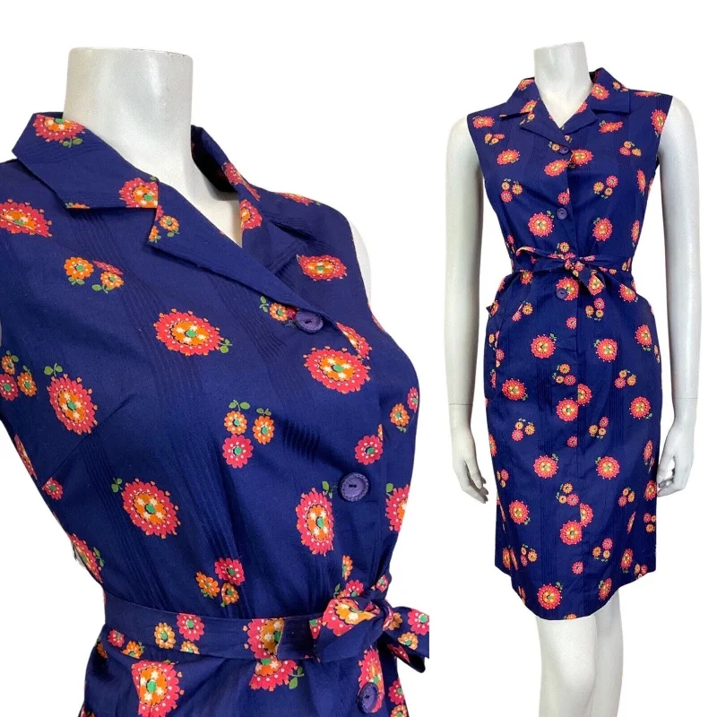 VINTAGE 60s 70s NAVY BLUE PINK ORANGE FLOWER DAISY MOD BELTED SHIRT DRESS 10 12