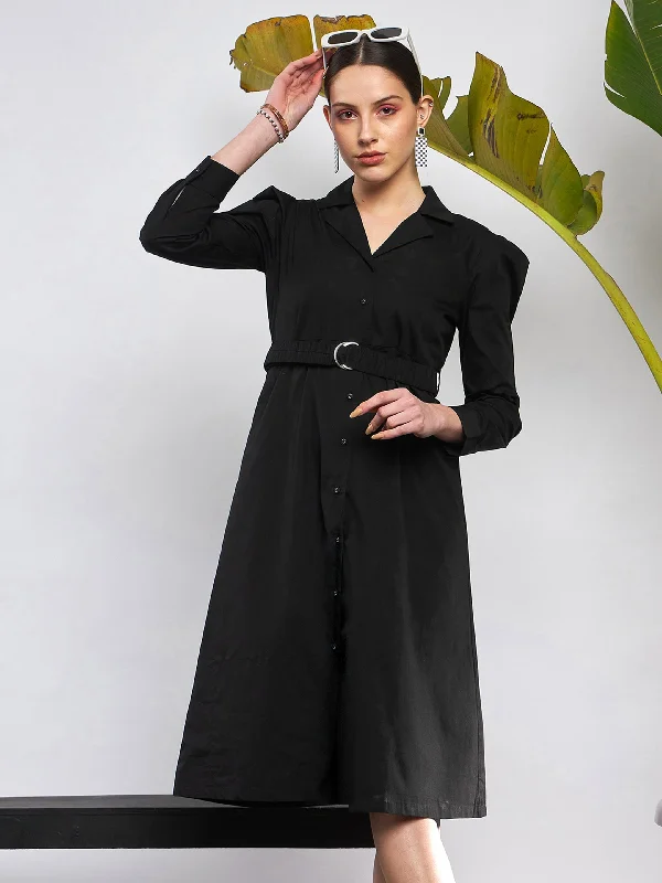 Women Black Poplin Ruched Belted Shirt Dress