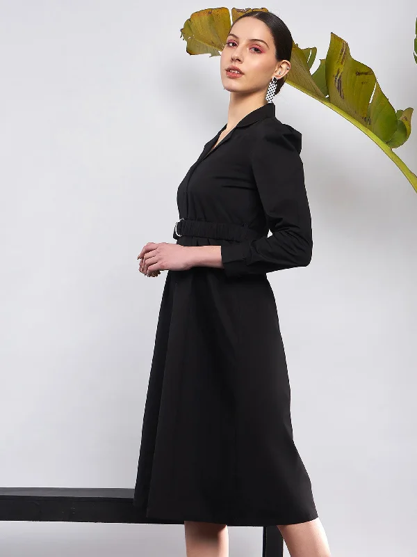 Women Black Poplin Ruched Belted Shirt Dress