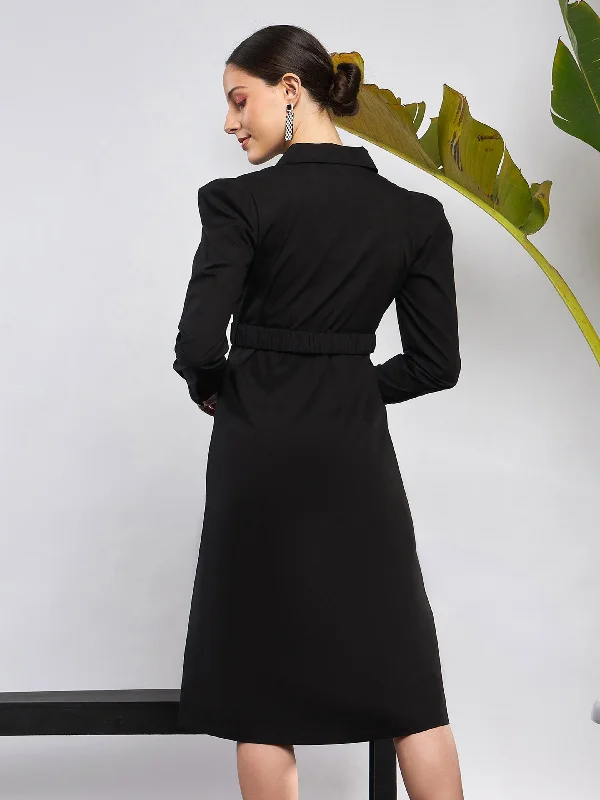 Women Black Poplin Ruched Belted Shirt Dress