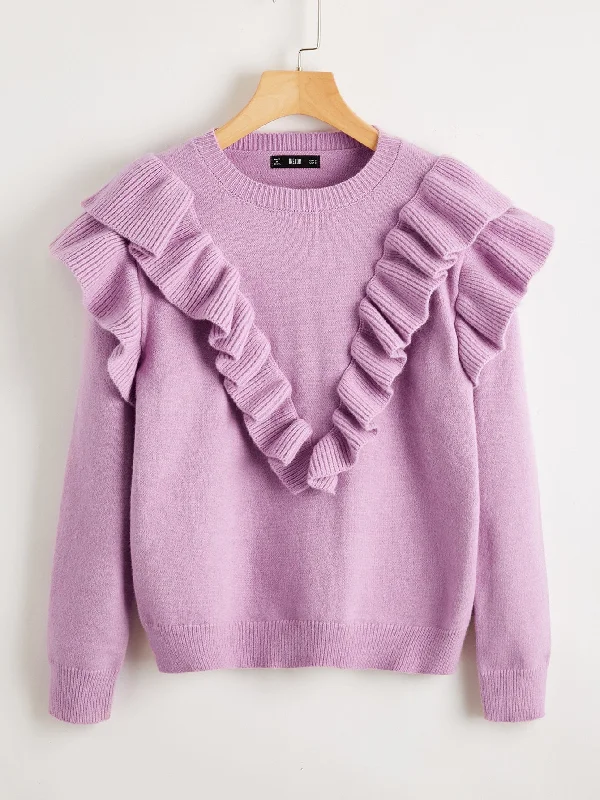 Ruffle Trim Solid Sweater for Women