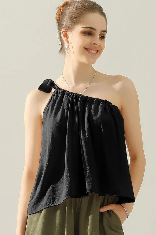 Hot Girl Ninexis One Shoulder Bow Tie Strap Satin Short Sleeve Top